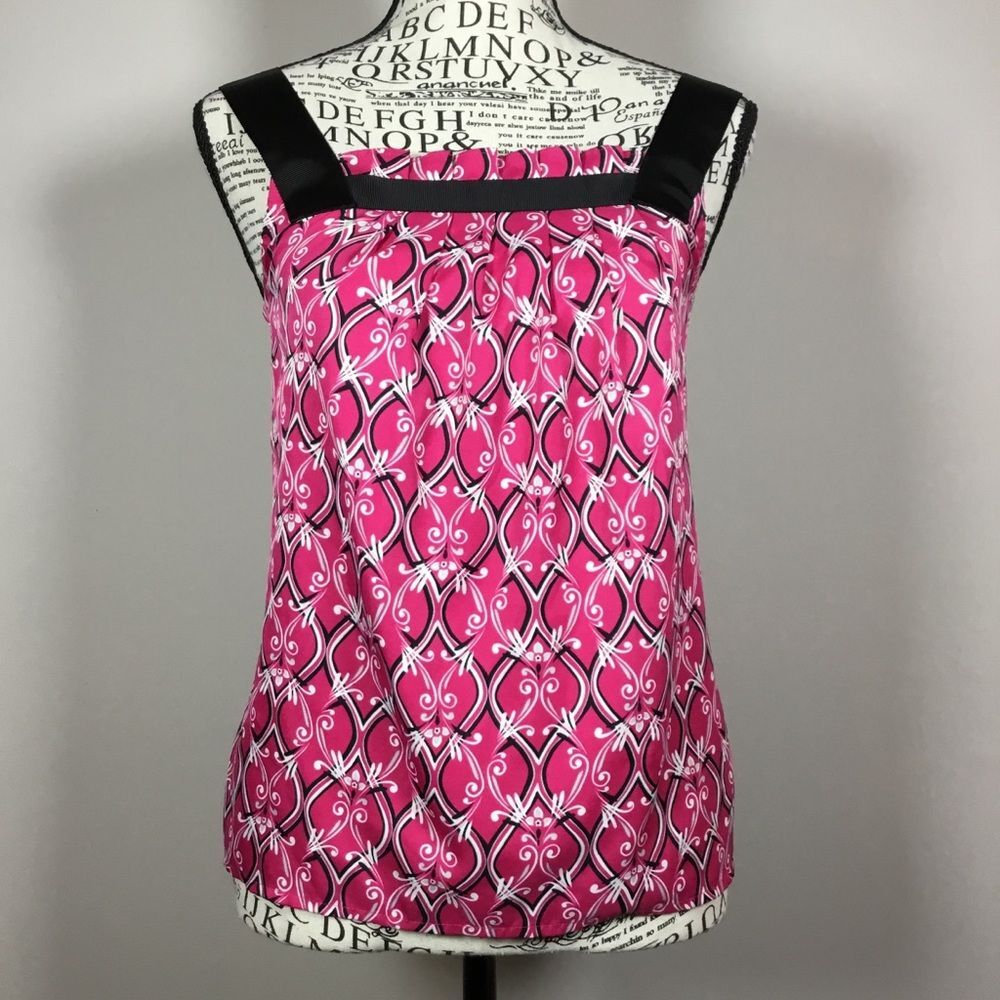 Like New Loft Petites pink patterned camisole top with thick black straps XXSP